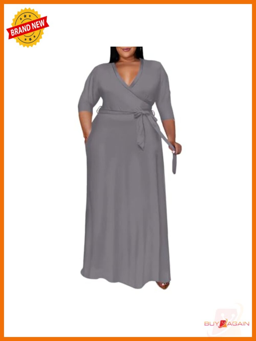 Plus Size Maxi Dress 3/4 Sleeve Wrap V-Neck Belted Casual